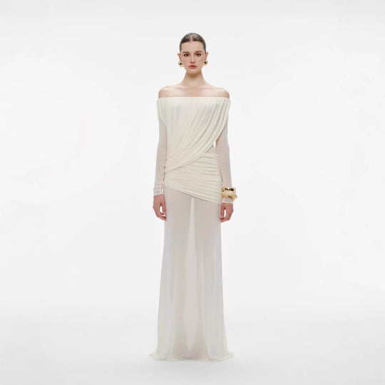 Damen Langarm Maxikleid mit Drapier-Design und schulterfreiem Ausschnitt R&B
