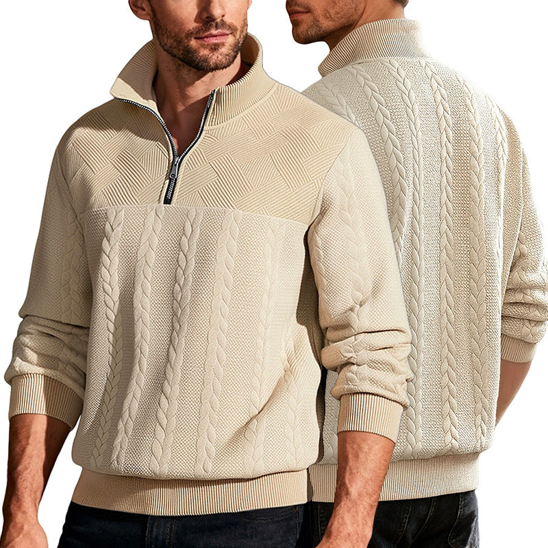 Herren nan texturierter Strickpullover mit Halbzip, geflochtenem Zopfmuster und hohem Stehkragen R&B