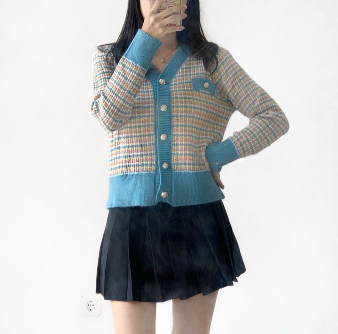 Damen modischer Strickcardigan mit farbenfrohem Muster und Knopfleiste R&B