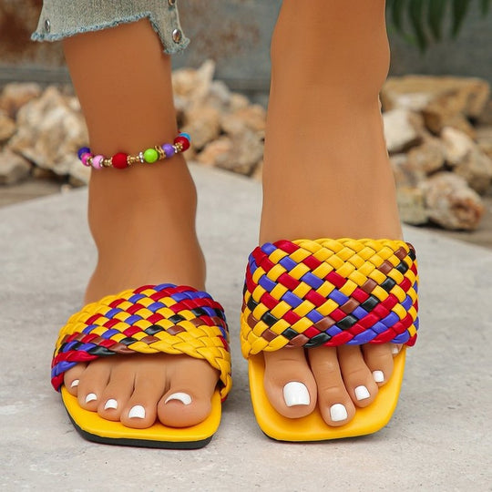 Damen Flache Riemchensandalen mit geflochtenem Design und modischem Farbakzent R&B