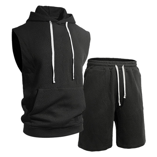 Herren nan ärmelloses Kapuzen-Lounge-Set aus strukturierter Baumwollmischung mit Kängurutasche und elastischer Freizeithose R&B