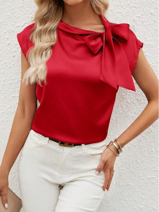 Damen elegante Bluse mit dekorativem Schleifen-Detail und schimmerndem Finish R&B
