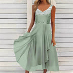 Damen nan A-Linien-Chiffonkleid mit floralem Stickoberteil, V-Ausschnitt, drapiertem Godet-Schwung und verdeckten Seitentaschen R&B