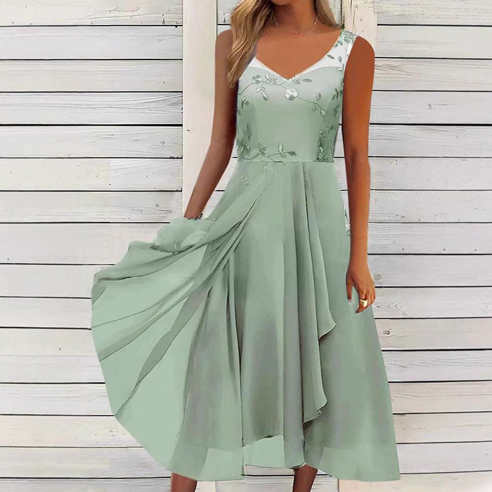 Damen nan A-Linien-Chiffonkleid mit floralem Stickoberteil, V-Ausschnitt, drapiertem Godet-Schwung und verdeckten Seitentaschen R&B