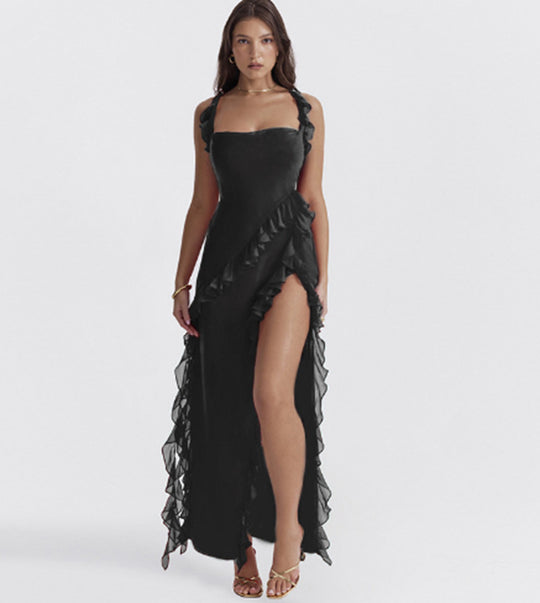 Damen Maxikleid mit verführerischen Rüschen und hohen Schlitz Heidi-Mode