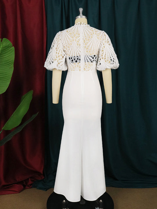Damen Elegantes Maxikleid mit Spitzenoberteil und voluminösen Ärmeln R&B