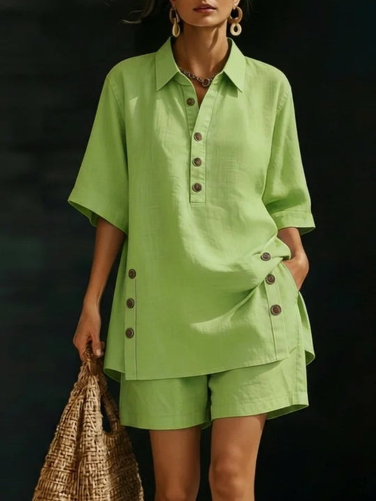 Damen nan luftiges Leinenoptik-Zweiteiler mit Oversize-Hemdbluse, Knopfleiste und Bermuda-Shorts R&B