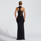 Damen elegantes Maxikleid mit schmeichelnder Raffung und Halterneck R&B