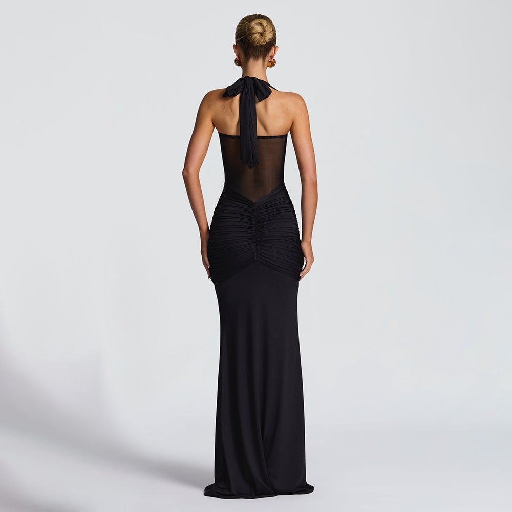 Damen elegantes Maxikleid mit schmeichelnder Raffung und Halterneck R&B