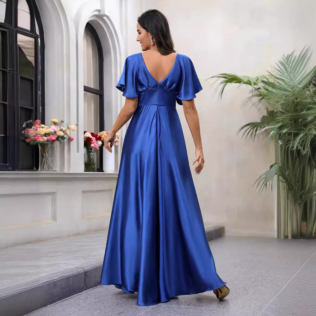Damen Maxikleid mit fließendem Satin und luftigen Ärmeln R&B