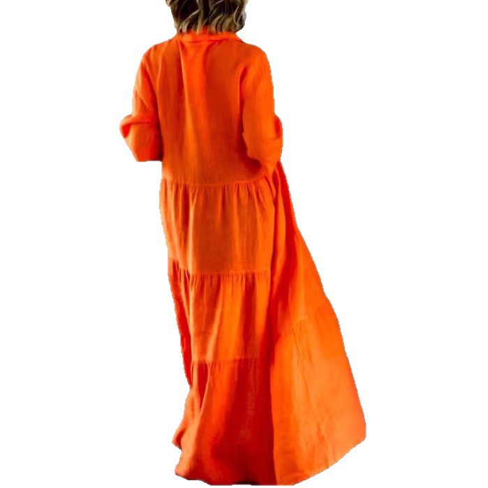 Damen nan sommerliches Leinenmix Stufenmaxikleid mit Hemdkragen, geraffter Taille und ellbogenlangen Ärmeln R&B