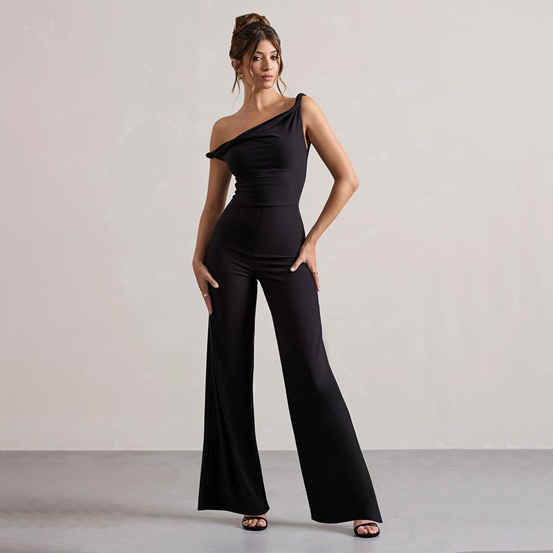 Damen schulterfreier Jumpsuit mit weitem Bein und elastischem Oberteil R&B