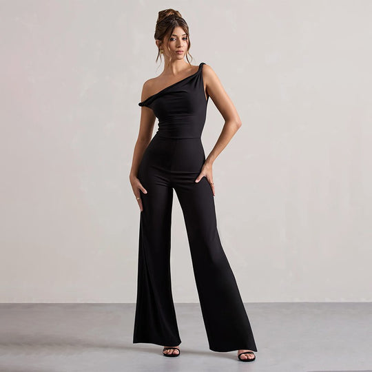 Damen schulterfreier Jumpsuit mit weitem Bein und elastischem Oberteil R&B