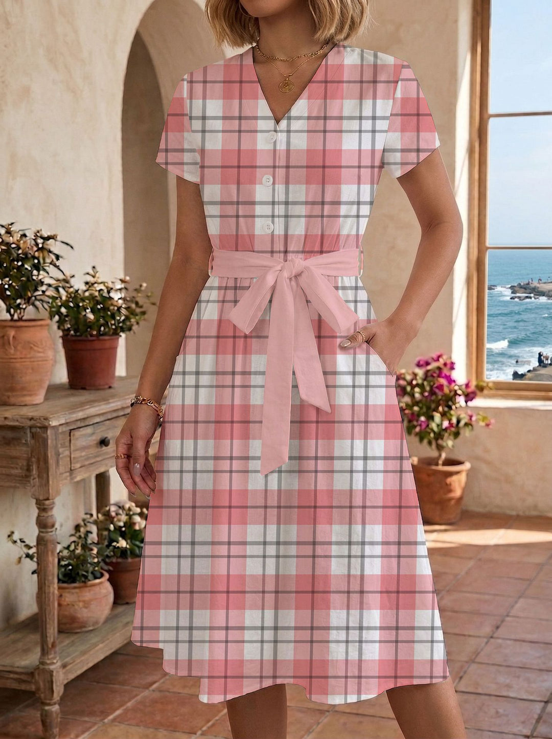 Damen lässiges Maxikleid mit taillierbarem Knoten und dekorativem Karomuster R&B