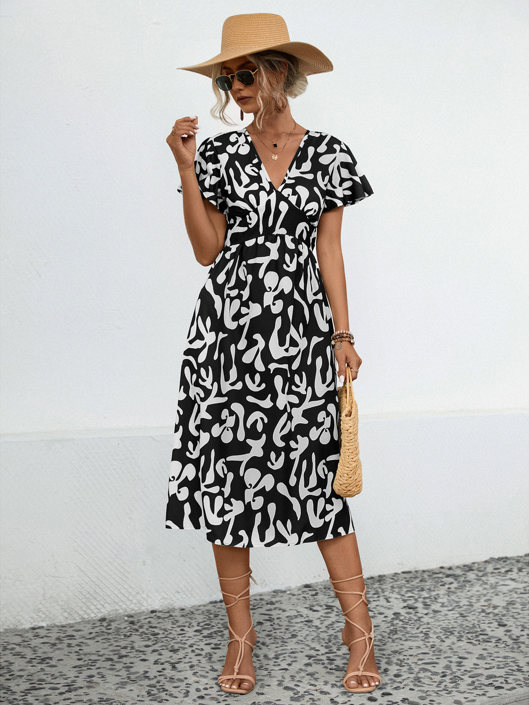 Damen Midi-Kleid mit V-Ausschnitt und fließenden Rüschendetails R&B