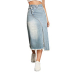 Damen Denim-Midi-Rock mit asymmetrischem Schnitt und fransigem Saum R&B