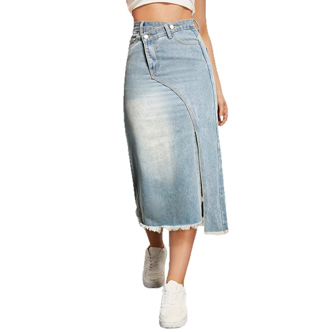 Damen Denim-Midi-Rock mit asymmetrischem Schnitt und fransigem Saum R&B