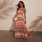 Damen Maxikleid mit zartem Wellenmuster und Bandeau-Ausschnitt R&B