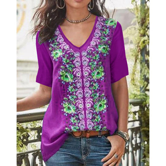 Damen V-Ausschnitt Bluse mit floralen Stickereien und bequemen kurzen Ärmeln R&B