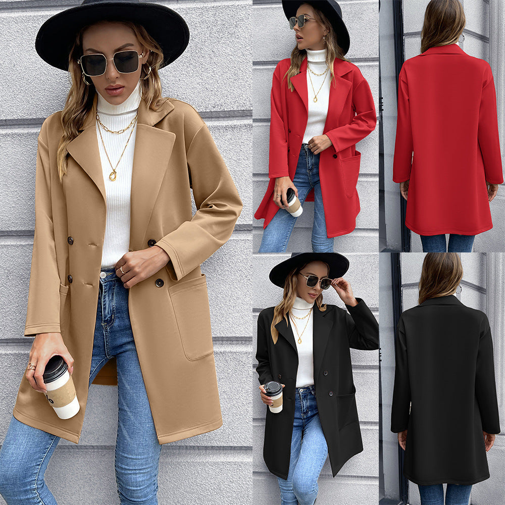 Damen elegante Oversized-Blazerjacke mit doppelter Knopfleiste und praktischen Taschen R&B