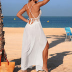 Damen Maxikleid mit filigranem Häkelmuster und hohem Schlitz R&B
