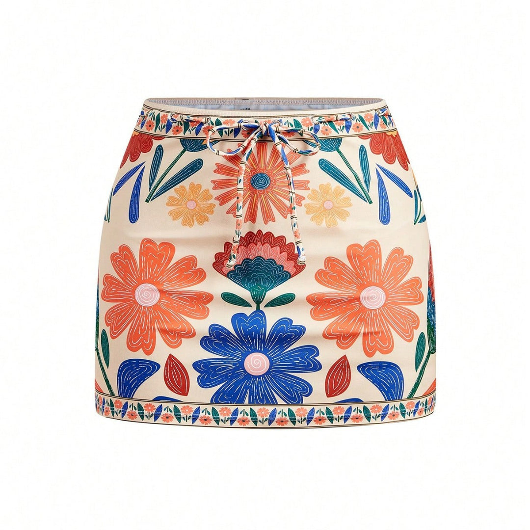 Damen Badeanzug mit floralem Design und abnehmbarem Rock R&B