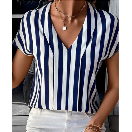 Damen nan V-Ausschnitt Blusenshirt mit vertikalem Streifenmuster und fließender Satinoptik R&B