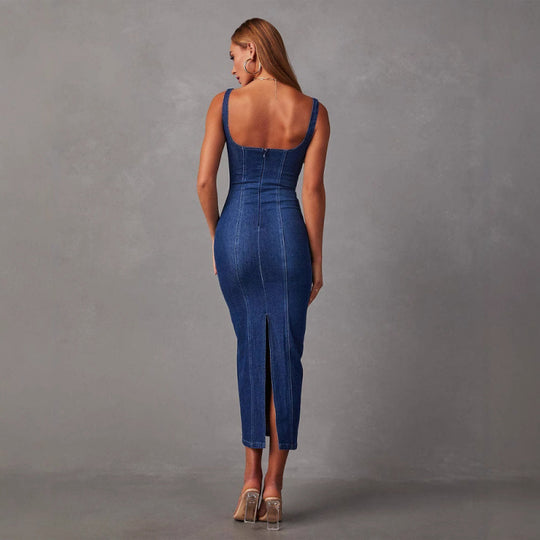 Damen Jeans-Midikleid mit schmalem Schnitt und Spaghettiträgern R&B