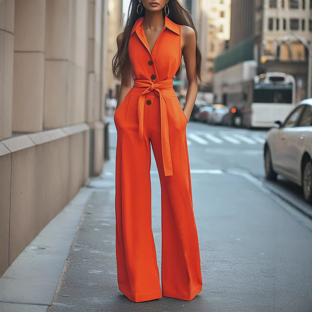 Damen Eleganter Jumpsuit mit schickem Kragen und Taillengürtel R&B