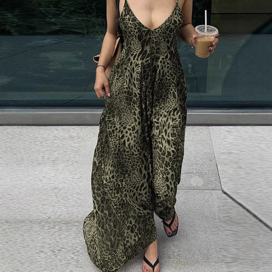 Damen Maxikleid mit tiefem V-Ausschnitt und elegantem Leopardenmuster R&B