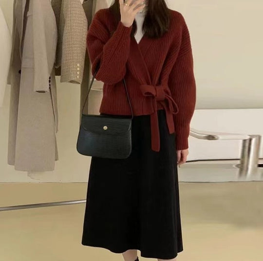 Damen Wickelstrickjacke mit weit geschnittenen Ärmeln und Taillengürtel R&B