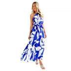 Damen Maxikleid mit asymmetrischem Ausschnitt und elegantem Bindegürtel R&B