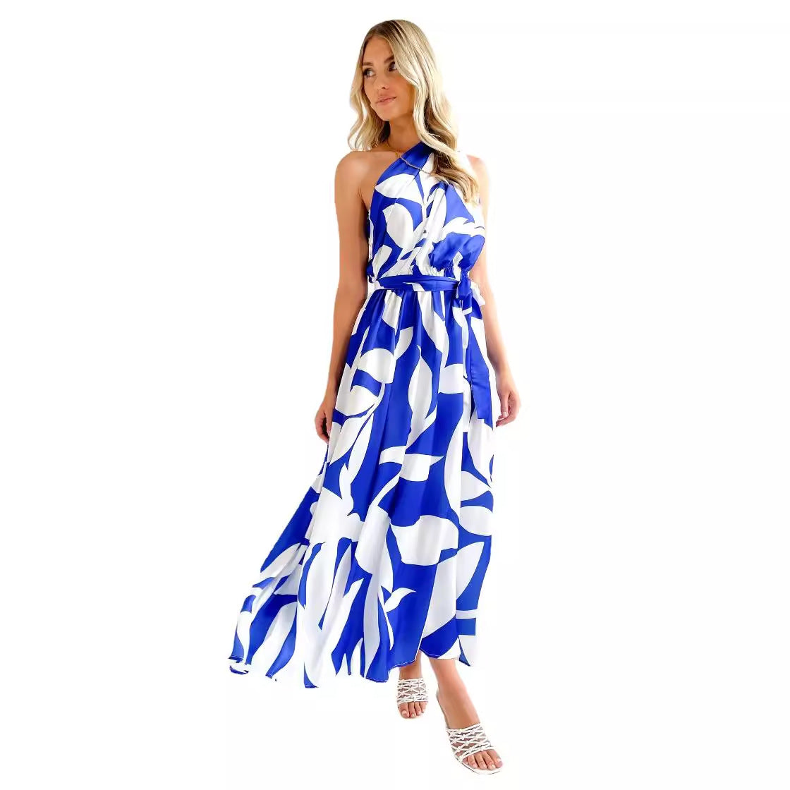 Damen Maxikleid mit asymmetrischem Ausschnitt und elegantem Bindegürtel R&B