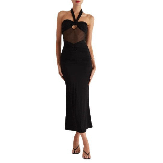 Damen Elegantes geschnittenes Maxikleid mit raffiniertem Halterdesign und transparentem Ausschnitt