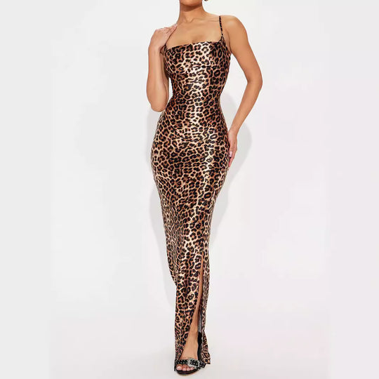 Damen figurbetontes Maxikleid mit Leopardenmuster und hohem Schlitz R&B