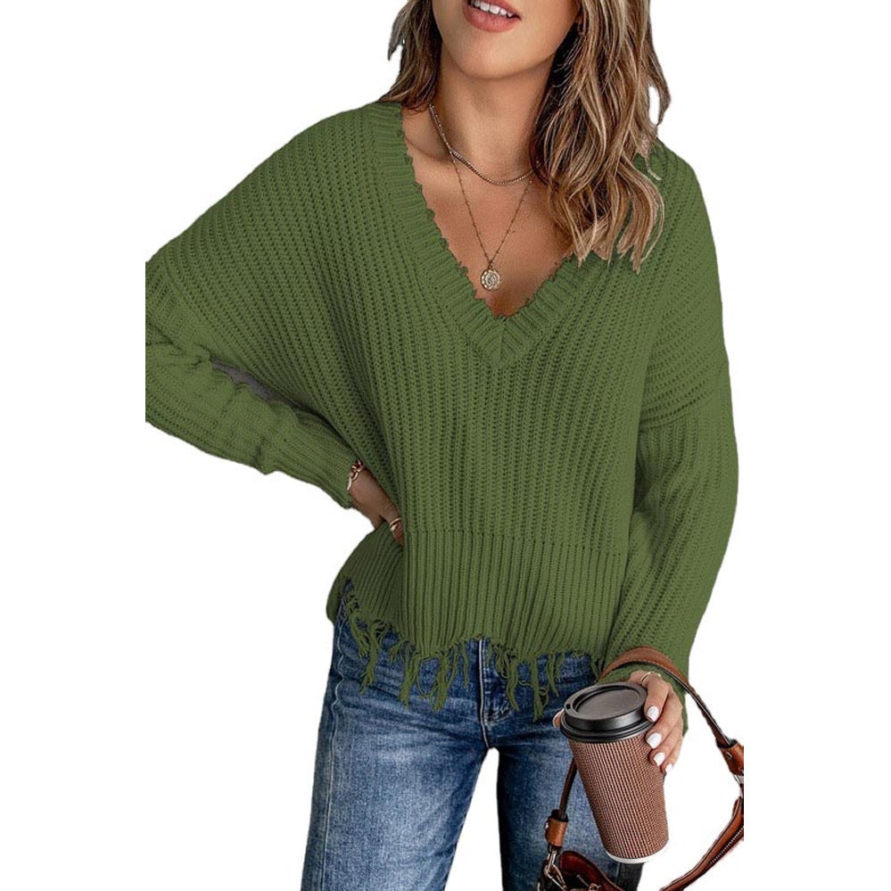 Damen Lässiger Strickpullover mit V-Ausschnitt und fransigem Saum R&B
