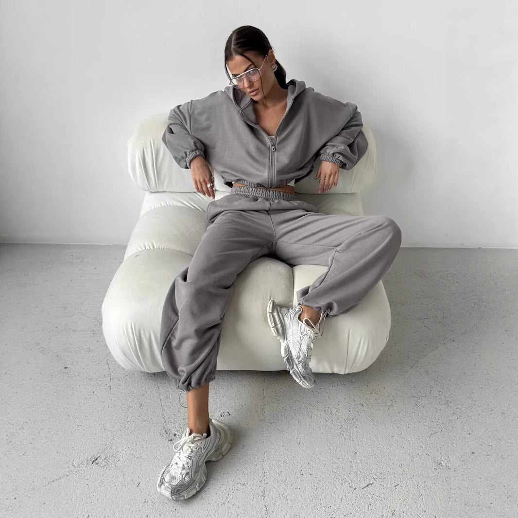 Damen lässiges Sweater-Set aus cropped Hoodie und bequemer Hose mit elastischem Bund R&B