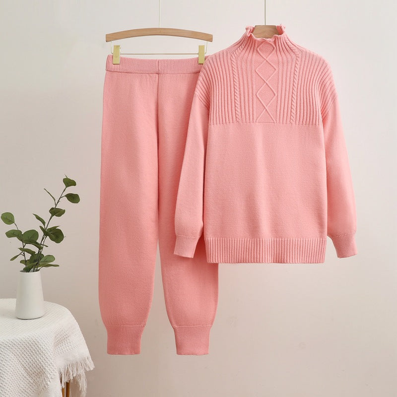 Damen gemütliches Strick-Loungewear-Set mit hohem Kragen und Rippstruktur R&B