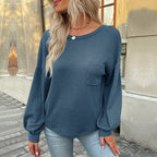 Damen Lässiger Langarmshirt mit strukturiertem Design und dekorativem Taschen R&B
