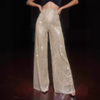 Damen Glamouröse Maxihose mit Glitzerstreifen und weitem Bein R&B