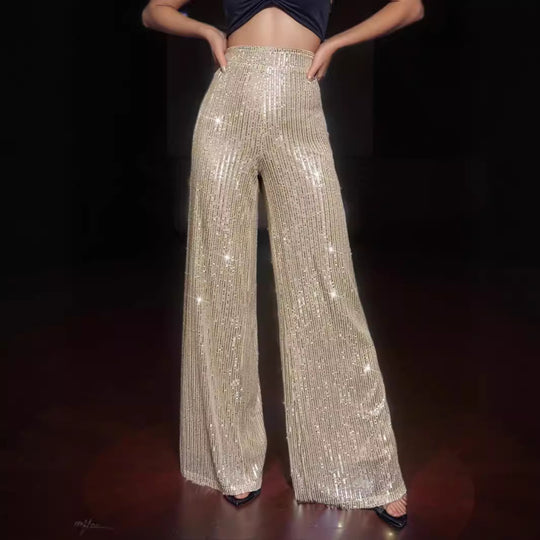 Damen Glamouröse Maxihose mit Glitzerstreifen und weitem Bein R&B