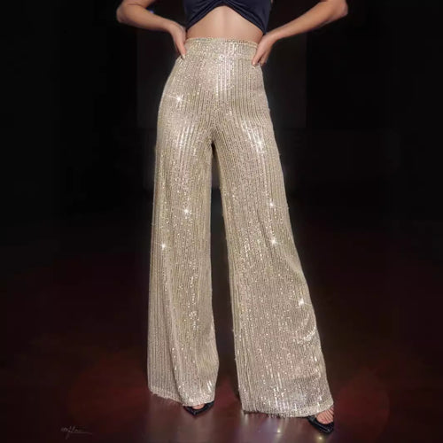 Damen Glamouröse Maxihose mit Glitzerstreifen und weitem Bein R&B