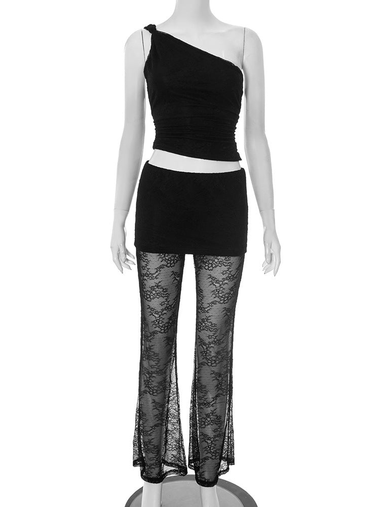 Damen asymmetrisches Oberteil mit elegantem Spitzen-Details und figurbetonten Leggings R&B