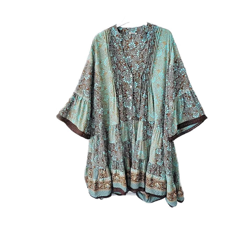 Damen nan luftiges Boho-Stufenkleid mit V-Ausschnitt weiten Fledermausärmeln und Spitzenbordüre R&B