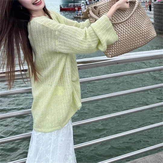 Damen Grobstrickpullover mit weitem Schnitt und modischen Ballonärmeln R&B