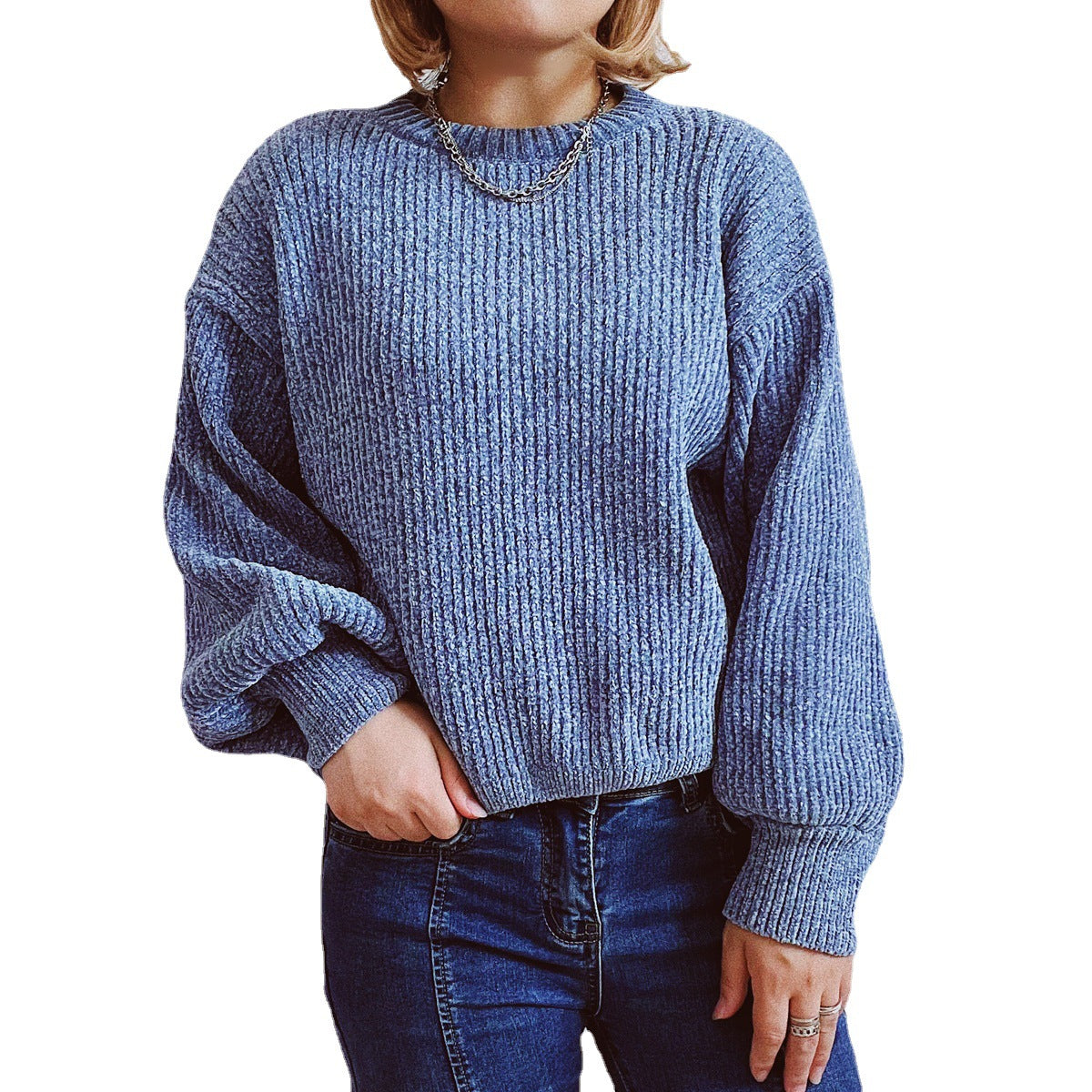 Damen Grobstrickpullover mit romantischem Rippenmuster und weiten Ärmeln R&B