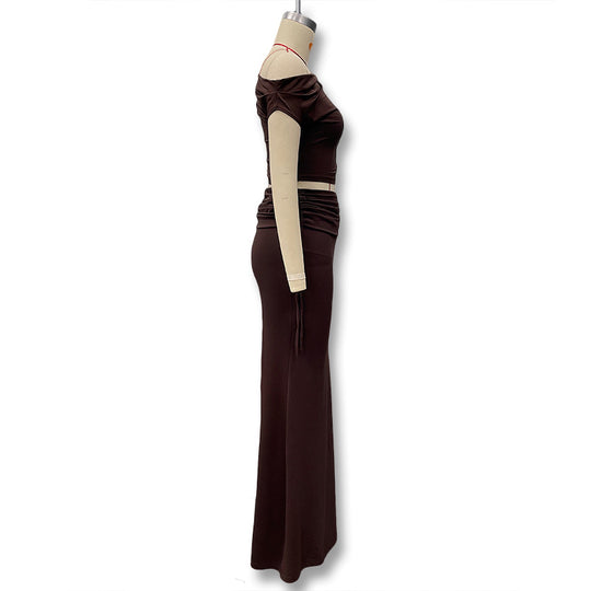 Damen Langarm-Maxikleid mit asymmetrischem Schnitt und elegantem Oberteil R&B