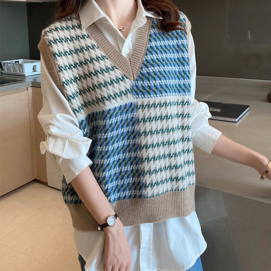 Damen Stylischer V-Neck Strickpullover im Farbblockdesign R&B