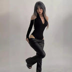 Damen Körperbetonter Langarm-Bodysuit mit tiefem V-Ausschnitt und raffinierten Rüschendetails R&B