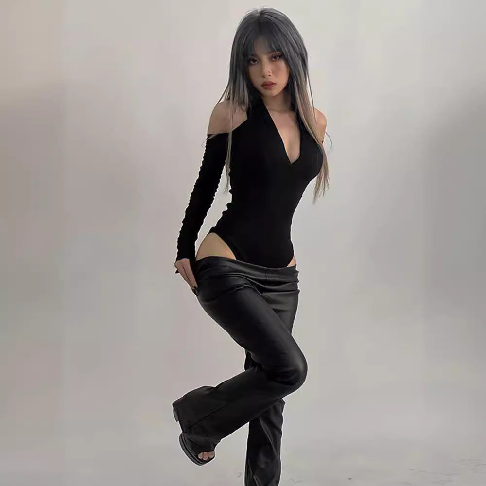 Damen Körperbetonter Langarm-Bodysuit mit tiefem V-Ausschnitt und raffinierten Rüschendetails R&B